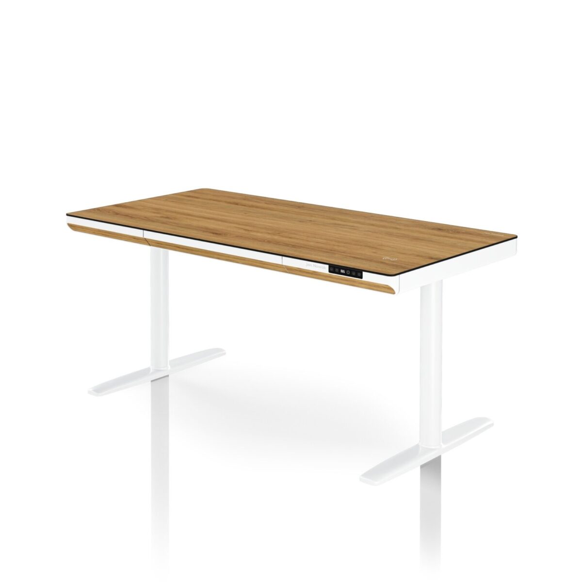 Biurko elektryczne sit-stand z szufladą i ładowarką bezprzewodową Qi białe/złoty dąb, 1400 mm: ELLIS | Meble DUO sku 2555 ellis 1400 bialy zloty dab features pl 01