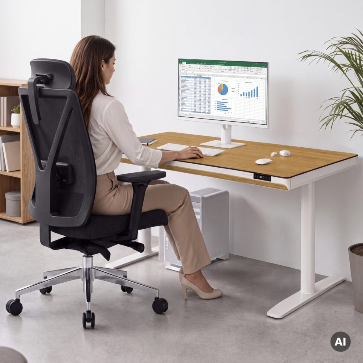Biurko elektryczne sit-stand z szufladą i ładowarką bezprzewodową Qi białe/złoty dąb, 1400 mm: ELLIS | Meble DUO sku 2555 ellis 1400 bialy zloty dab features pl 02