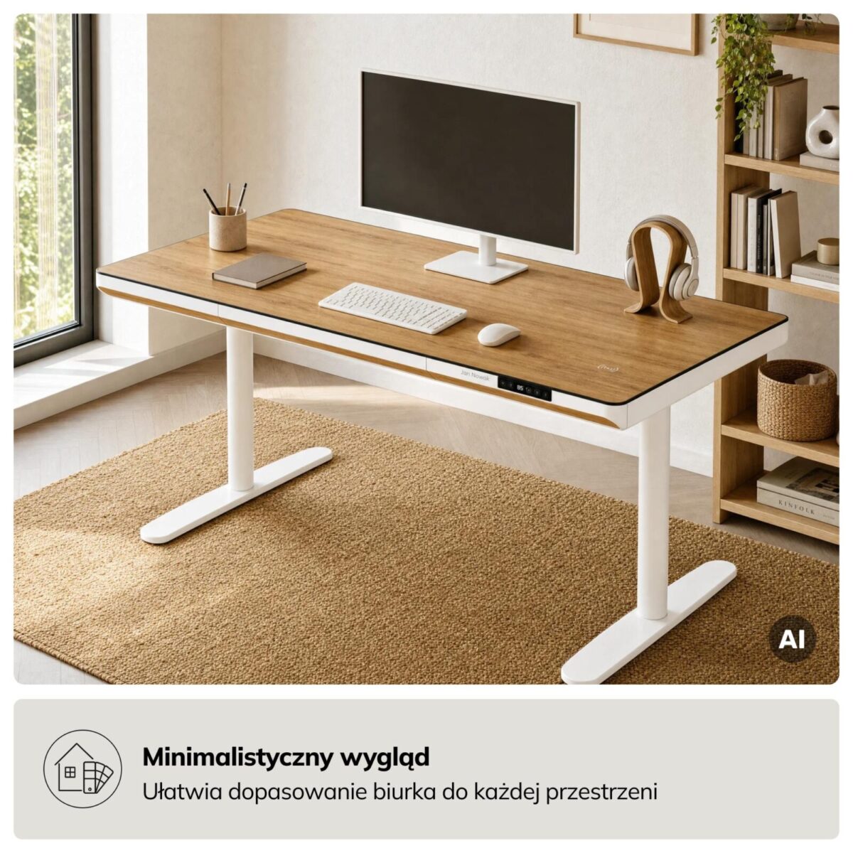 Biurko elektryczne sit-stand z szufladą i ładowarką bezprzewodową Qi białe/złoty dąb, 1400 mm: ELLIS | Meble DUO sku 2555 ellis 1400 bialy zloty dab features pl 03