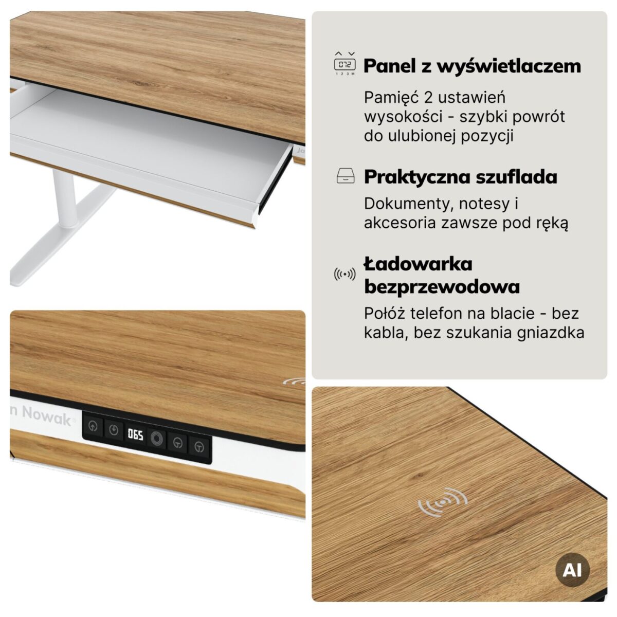 Biurko elektryczne sit-stand z szufladą i ładowarką bezprzewodową Qi białe/złoty dąb, 1400 mm: ELLIS | Meble DUO sku 2555 ellis 1400 bialy zloty dab features pl 04