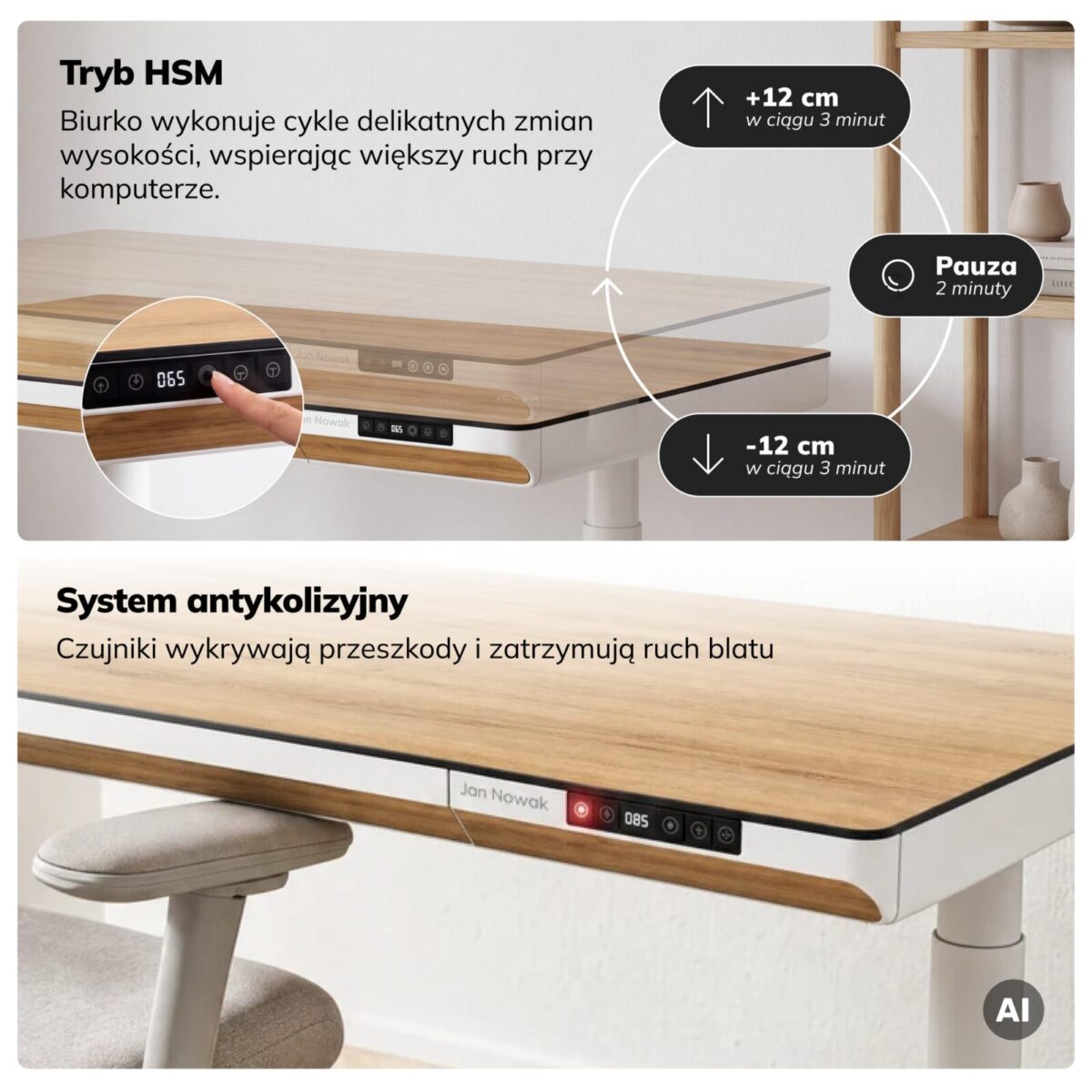 Biurko elektryczne sit-stand z szufladą i ładowarką bezprzewodową Qi białe/złoty dąb, 1400 mm: ELLIS | Meble DUO sku 2555 ellis 1400 bialy zloty dab features pl 05