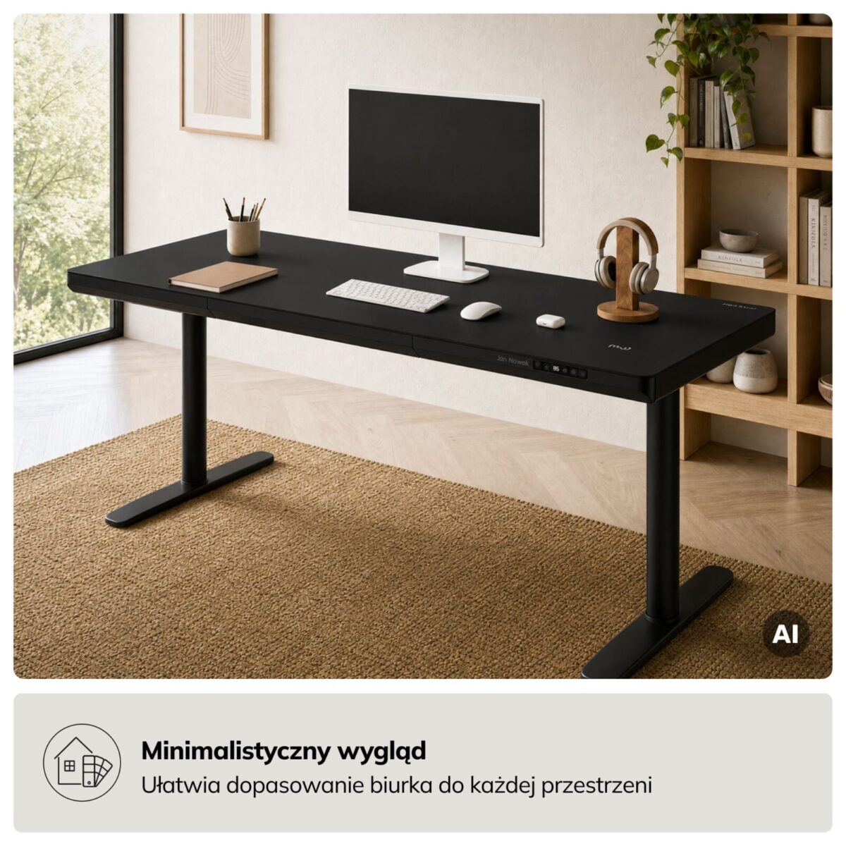 Biurko elektryczne sit-stand z szufladą i ładowarką bezprzewodową Qi czarne, 1600 mm: ELLIS | Meble DUO sku 2557 ellis 1600 czarny features pl 03