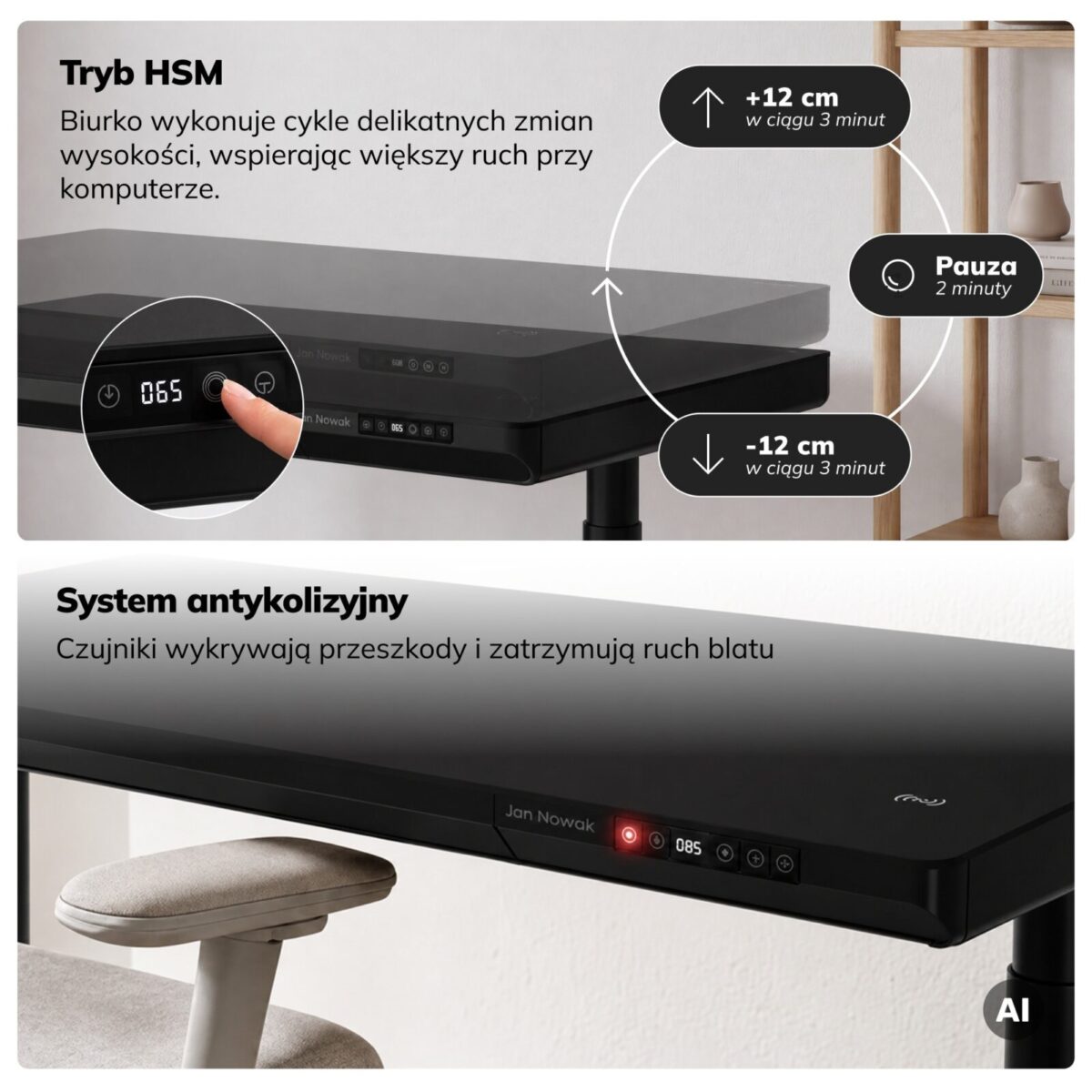 Biurko elektryczne sit-stand z szufladą i ładowarką bezprzewodową Qi czarne, 1600 mm: ELLIS | Meble DUO sku 2557 ellis 1600 czarny features pl 05