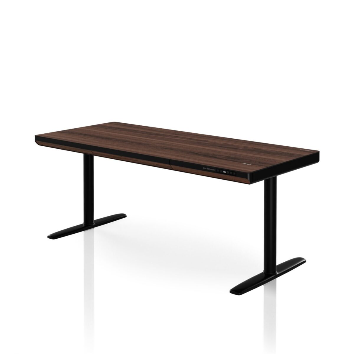 Biurko elektryczne sit-stand z szufladą i ładowarką bezprzewodową Qi czarne/orzech, 1600 mm: ELLIS | Meble DUO sku 2558 ellis 1600 czarny orzech features pl 01
