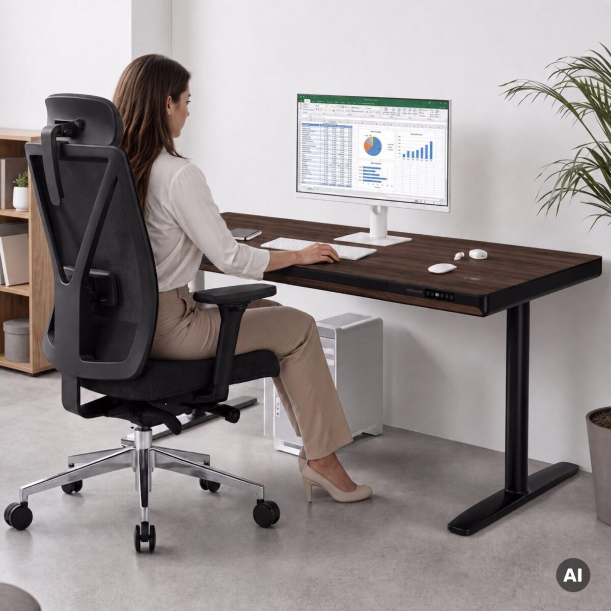 Biurko elektryczne sit-stand z szufladą i ładowarką bezprzewodową Qi czarne/orzech, 1600 mm: ELLIS | Meble DUO sku 2558 ellis 1600 czarny orzech features pl 02