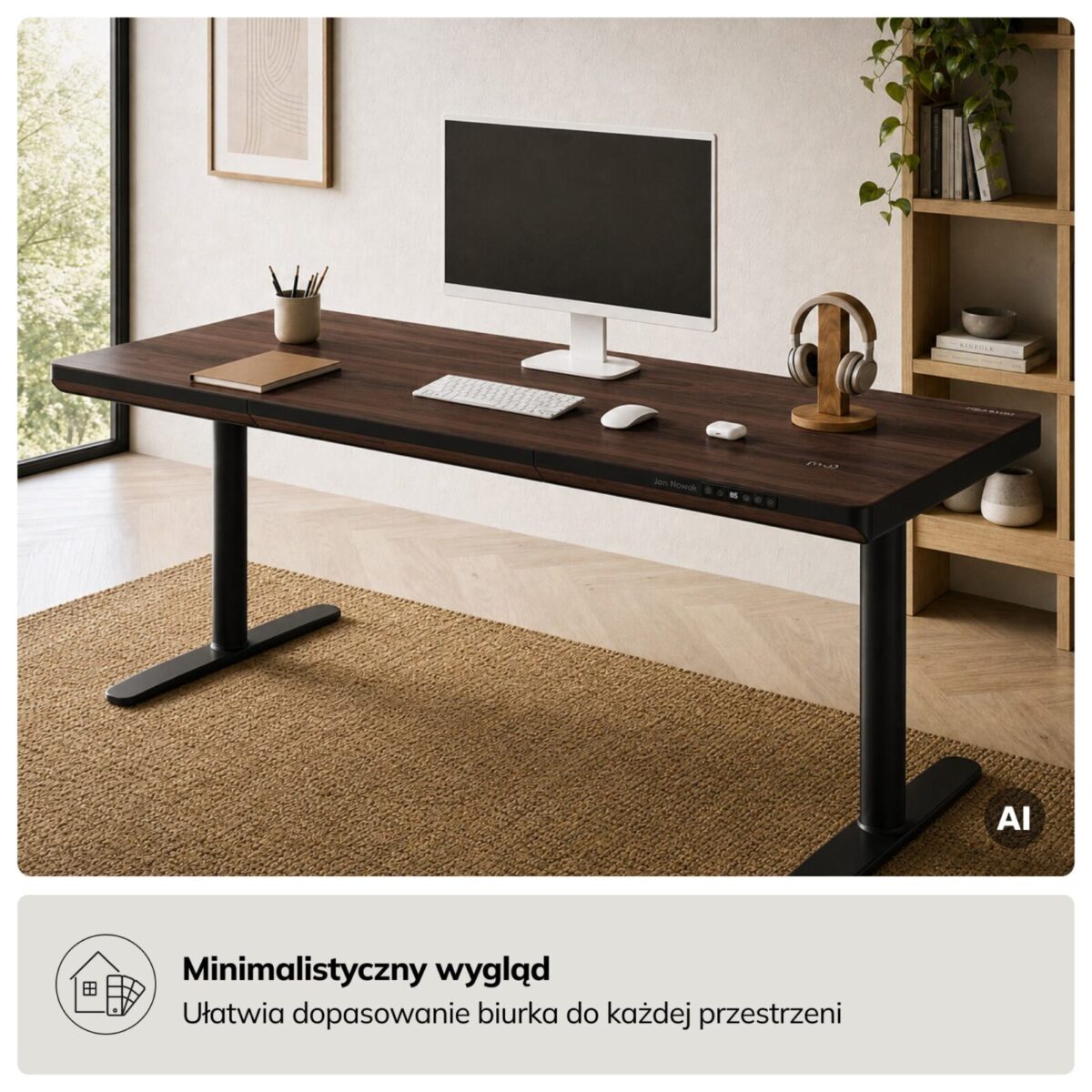 Biurko elektryczne sit-stand z szufladą i ładowarką bezprzewodową Qi czarne/orzech, 1600 mm: ELLIS | Meble DUO sku 2558 ellis 1600 czarny orzech features pl 03