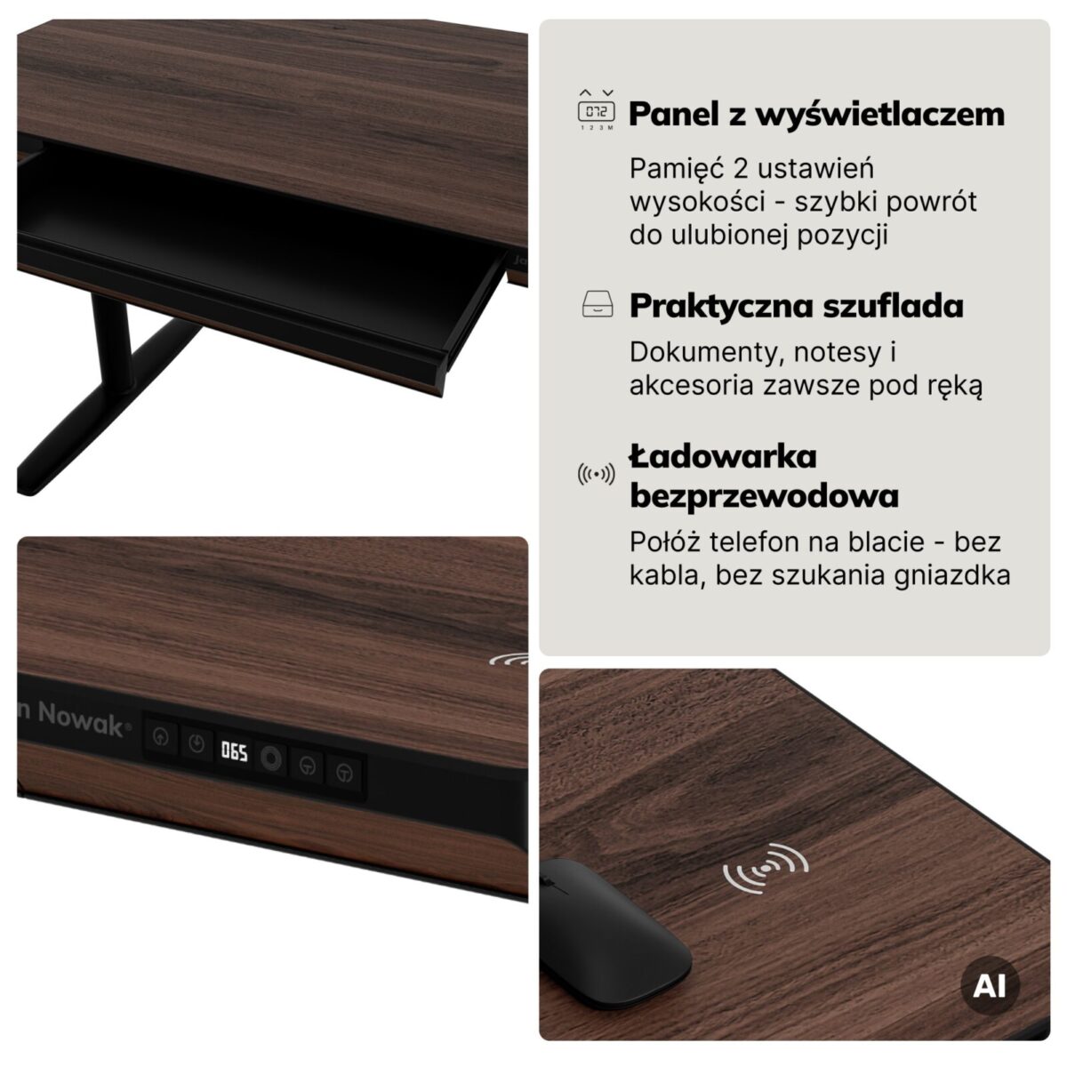 Biurko elektryczne sit-stand z szufladą i ładowarką bezprzewodową Qi czarne/orzech, 1600 mm: ELLIS | Meble DUO sku 2558 ellis 1600 czarny orzech features pl 04