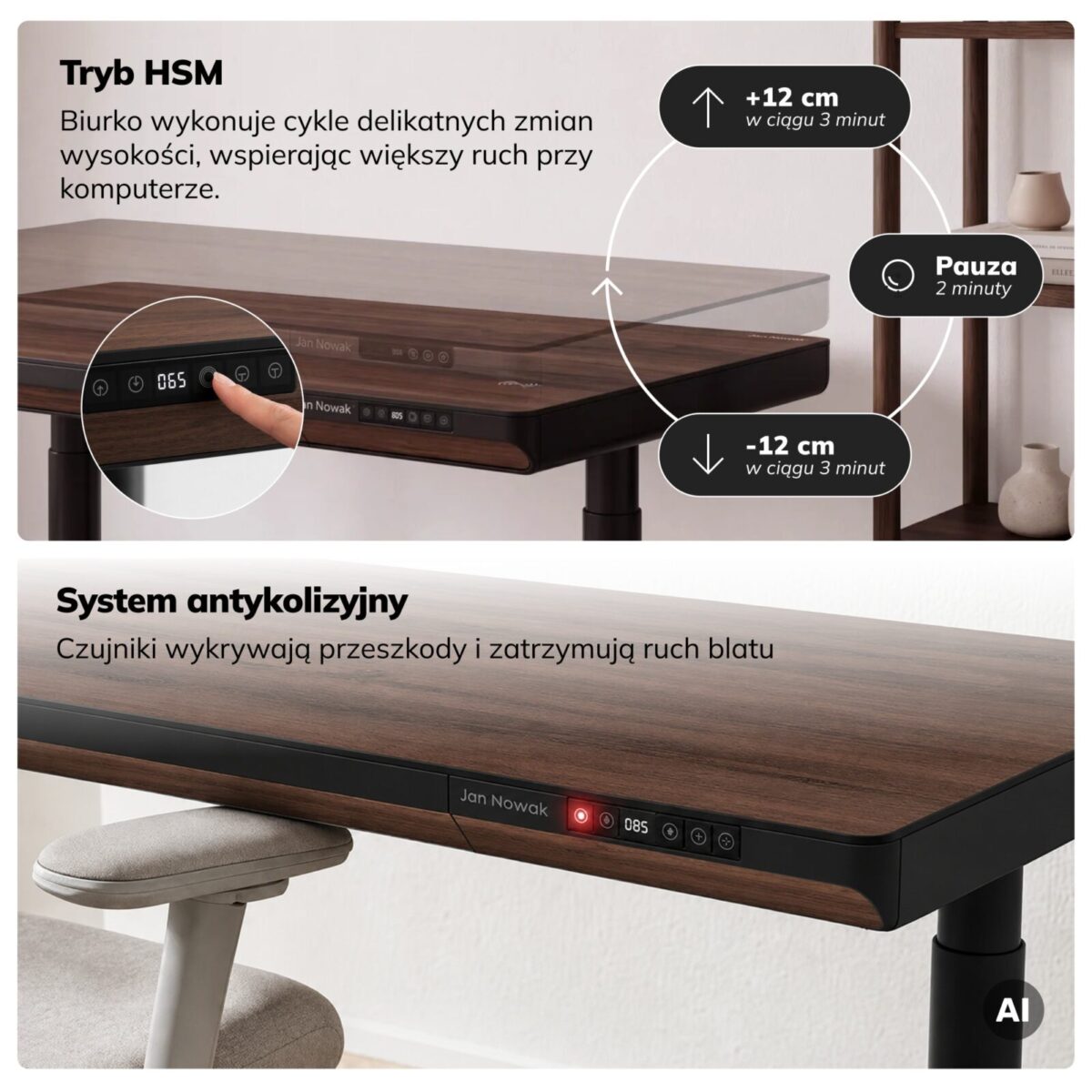 Biurko elektryczne sit-stand z szufladą i ładowarką bezprzewodową Qi czarne/orzech, 1600 mm: ELLIS | Meble DUO sku 2558 ellis 1600 czarny orzech features pl 05