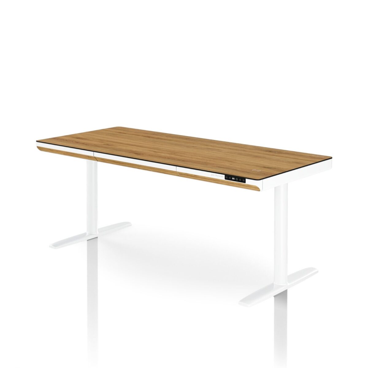Biurko elektryczne sit-stand z szufladą i ładowarką bezprzewodową Qi białe/złoty dąb, 1600 mm: ELLIS | Meble DUO sku 2559 ellis 1600 bialy zloty dab features pl 01