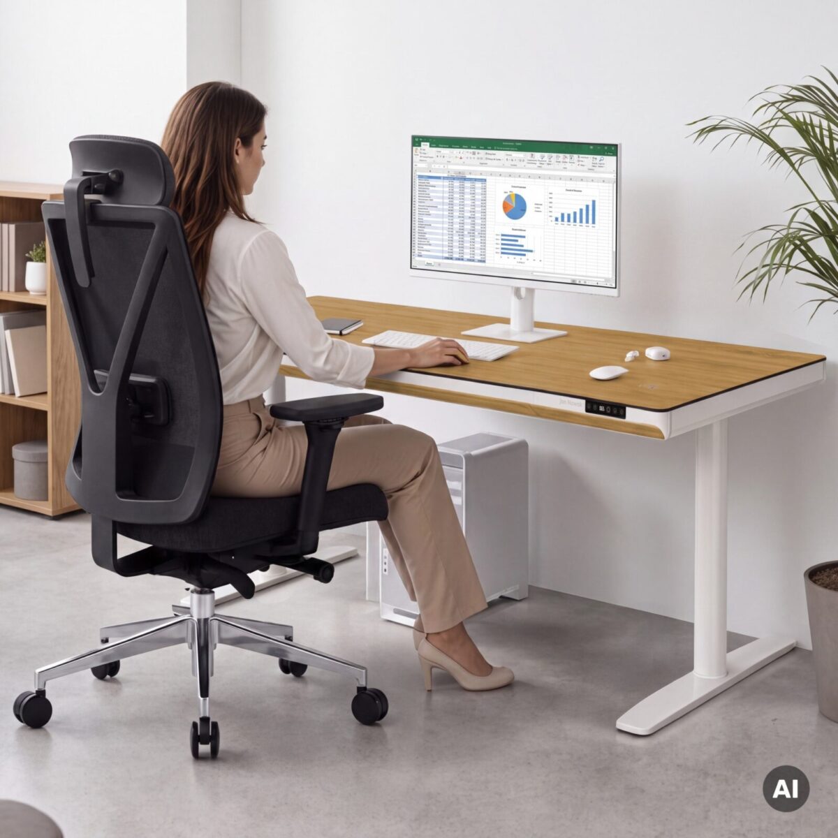 Biurko elektryczne sit-stand z szufladą i ładowarką bezprzewodową Qi białe/złoty dąb, 1600 mm: ELLIS | Meble DUO sku 2559 ellis 1600 bialy zloty dab features pl 02