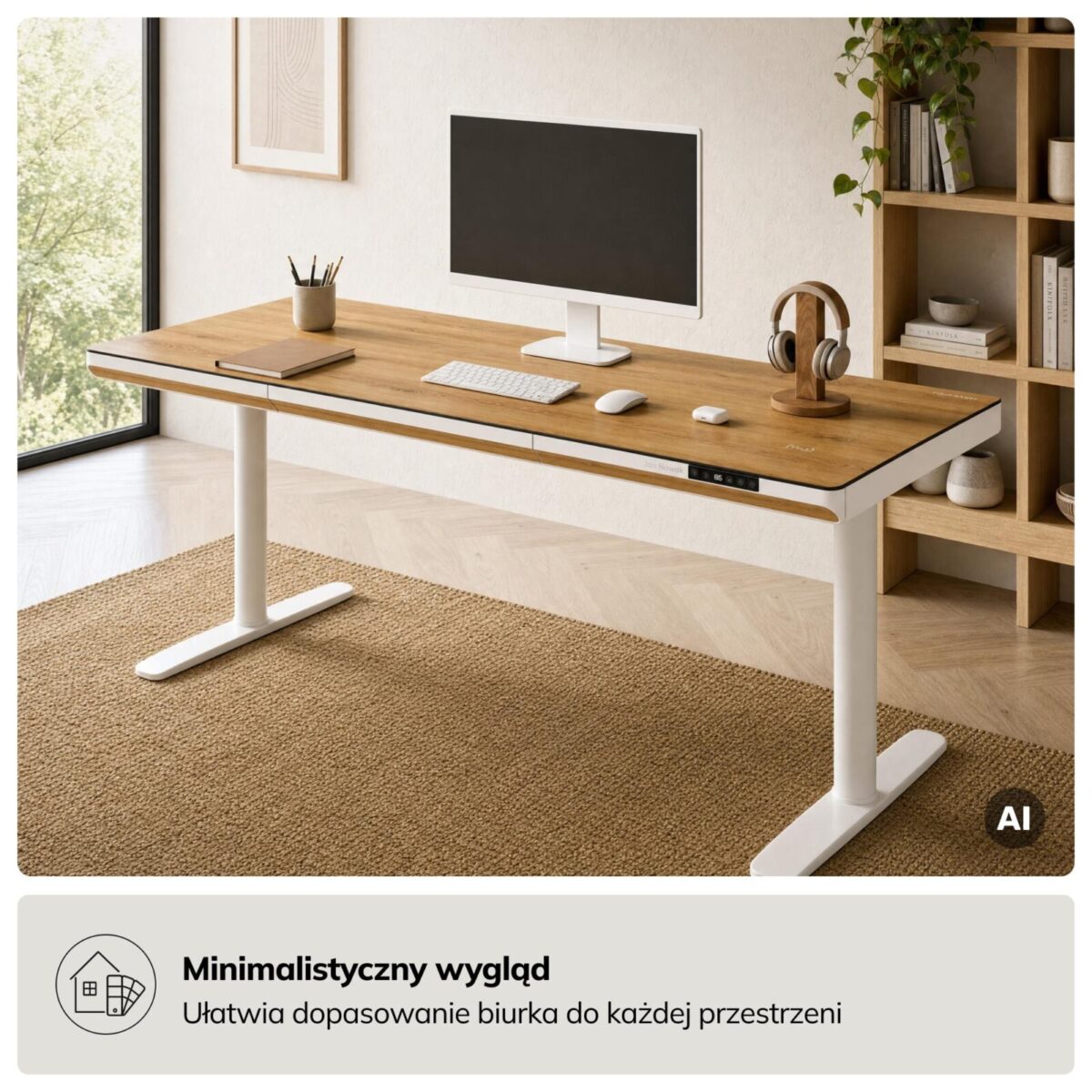 Biurko elektryczne sit-stand z szufladą i ładowarką bezprzewodową Qi białe/złoty dąb, 1600 mm: ELLIS | Meble DUO sku 2559 ellis 1600 bialy zloty dab features pl 03