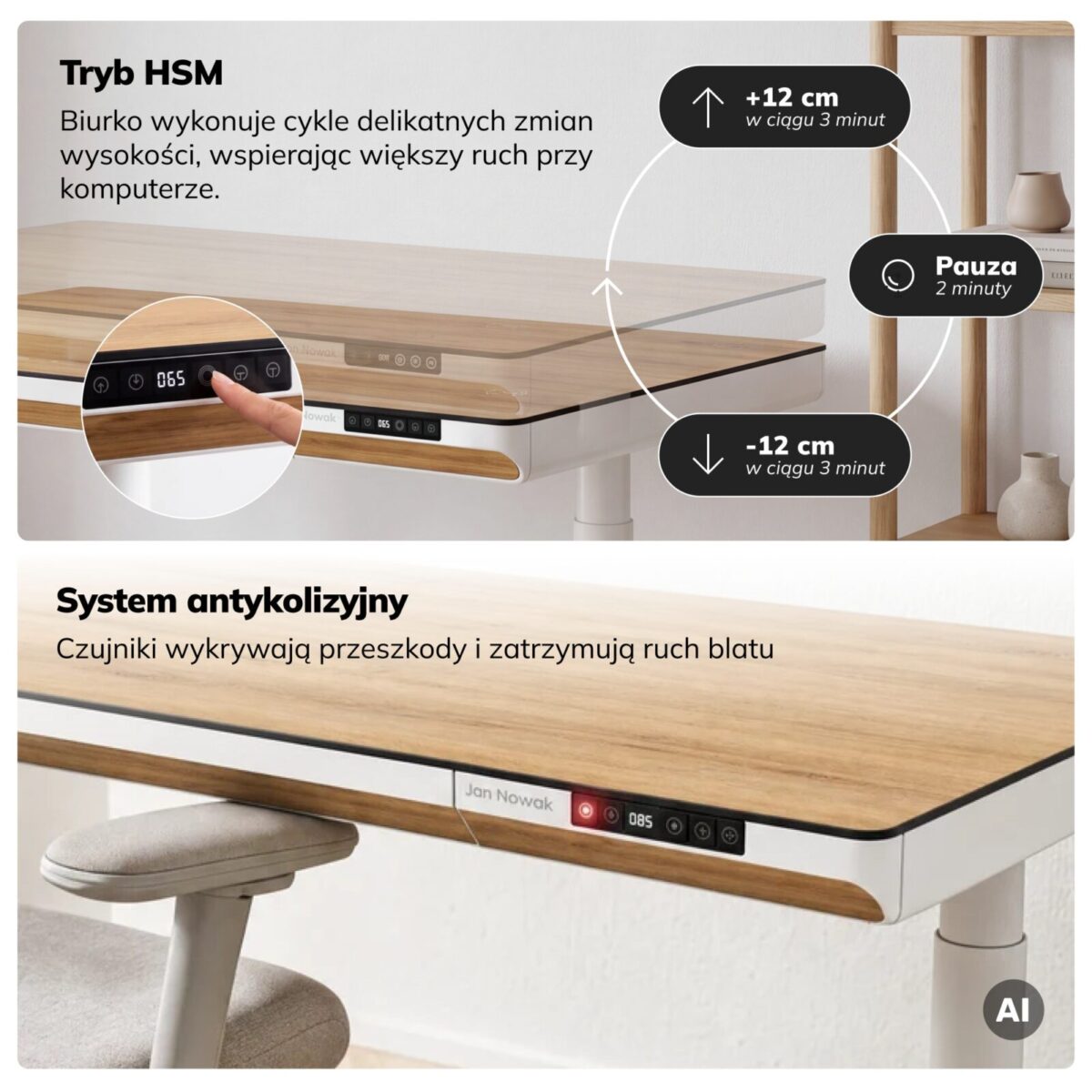 Biurko elektryczne sit-stand z szufladą i ładowarką bezprzewodową Qi białe/złoty dąb, 1600 mm: ELLIS | Meble DUO sku 2559 ellis 1600 bialy zloty dab features pl 05