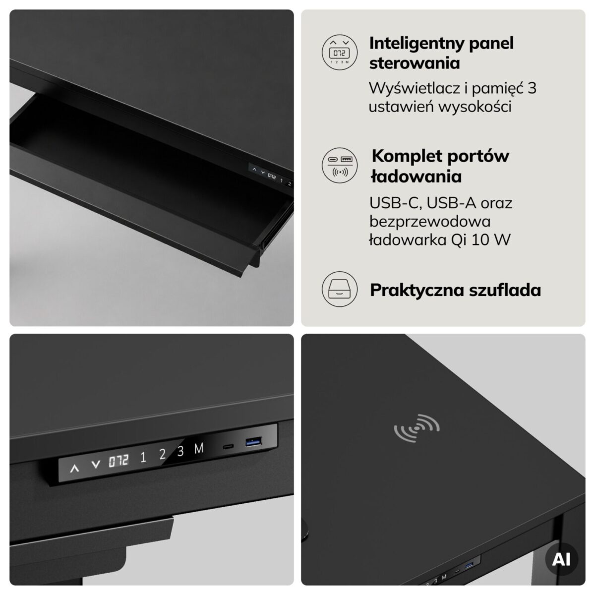 Biurko regulowane elektrycznie podnoszone czarne, 120×63 cm: EVAN | Meble DUO sku 2601 evan czarny features pl 04