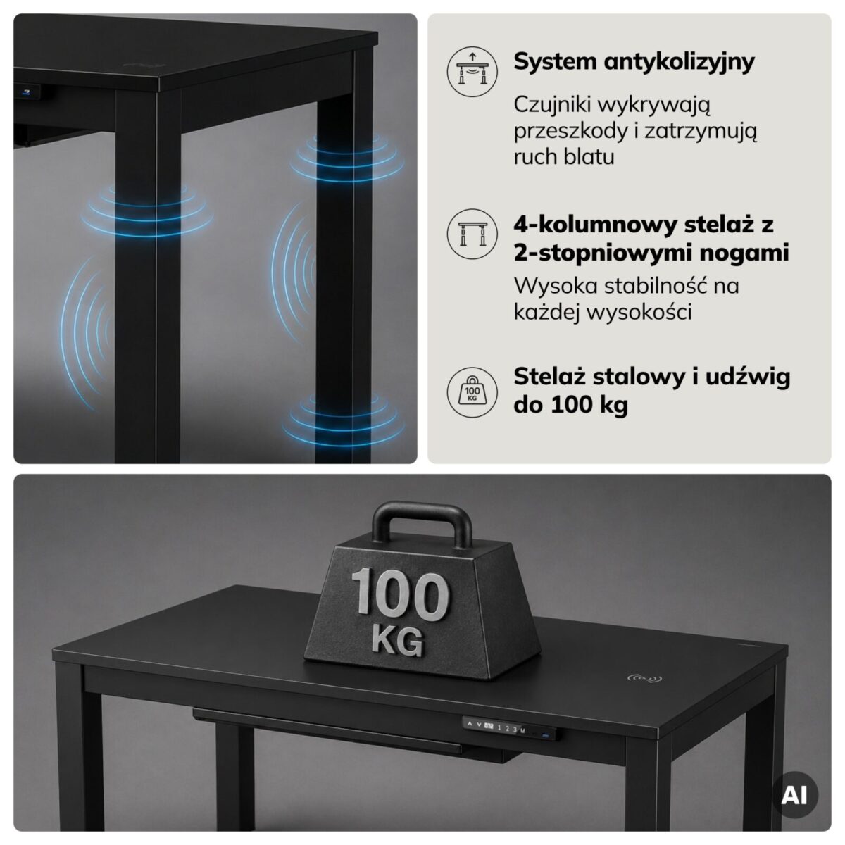 Biurko regulowane elektrycznie podnoszone czarne, 120×63 cm: EVAN | Meble DUO sku 2601 evan czarny features pl 05