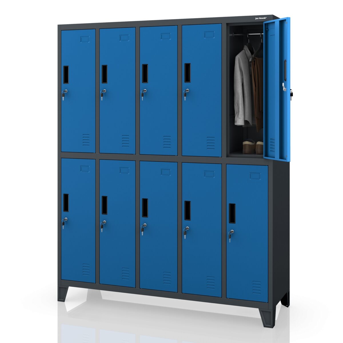 Szafa socjalna ubraniowa 10-drzwiowa antracytowo-niebieska, 1360x1720x450 mm: BARTEK | Meble DUO sku 1880 bartek antracytowy niebieski features pl 01