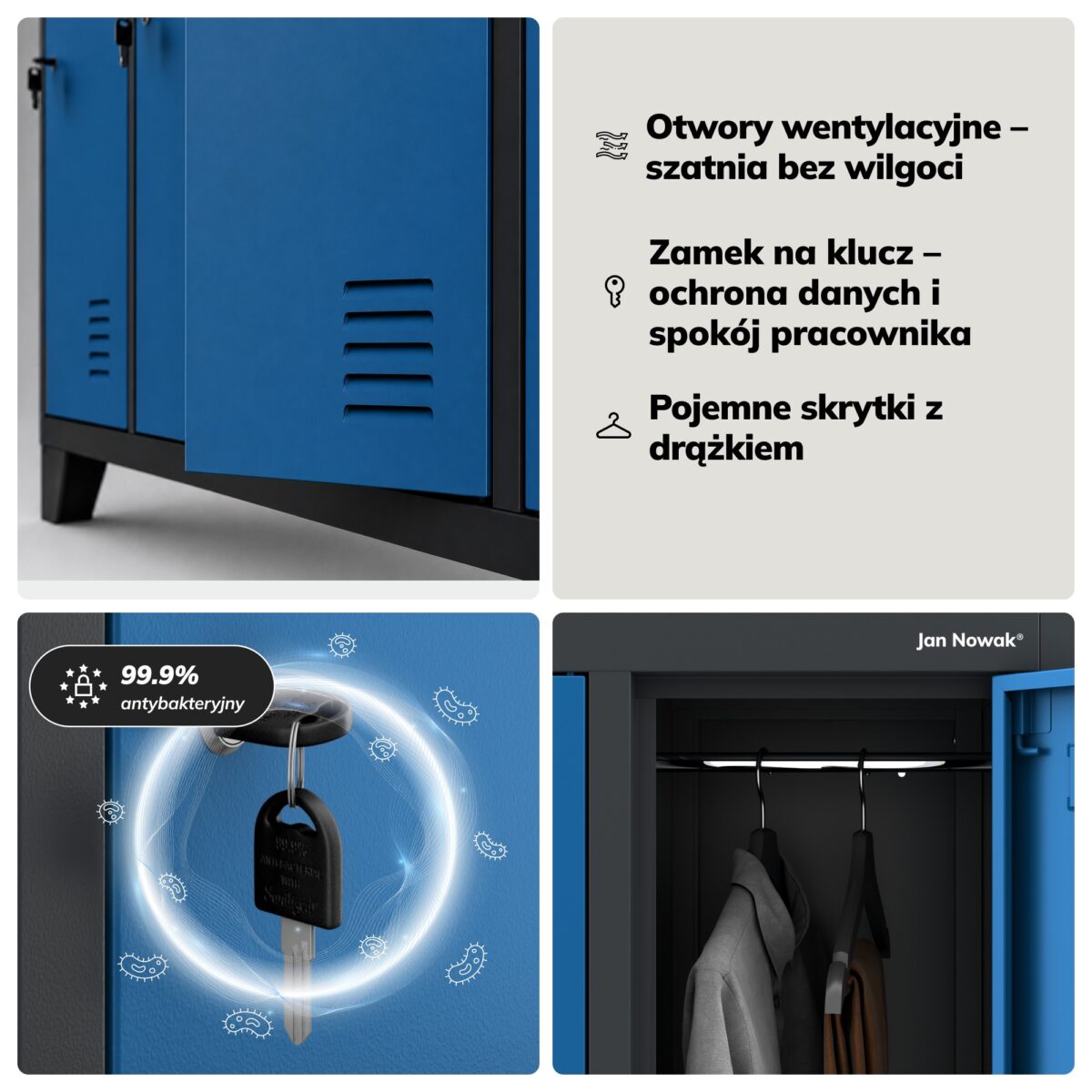 Szafa socjalna ubraniowa 10-drzwiowa antracytowo-niebieska, 1360x1720x450 mm: BARTEK | Meble DUO sku 1880 bartek antracytowy niebieski features pl 04