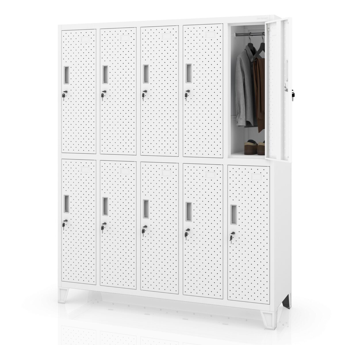 Szafka BHP ubraniowa, skrytkowa, perforowana, 10 skrytek, biała, 1360x1720x450 mm: BARTEK PRO | Meble DUO sku 2411 bartek pro bialy features pl 01 1