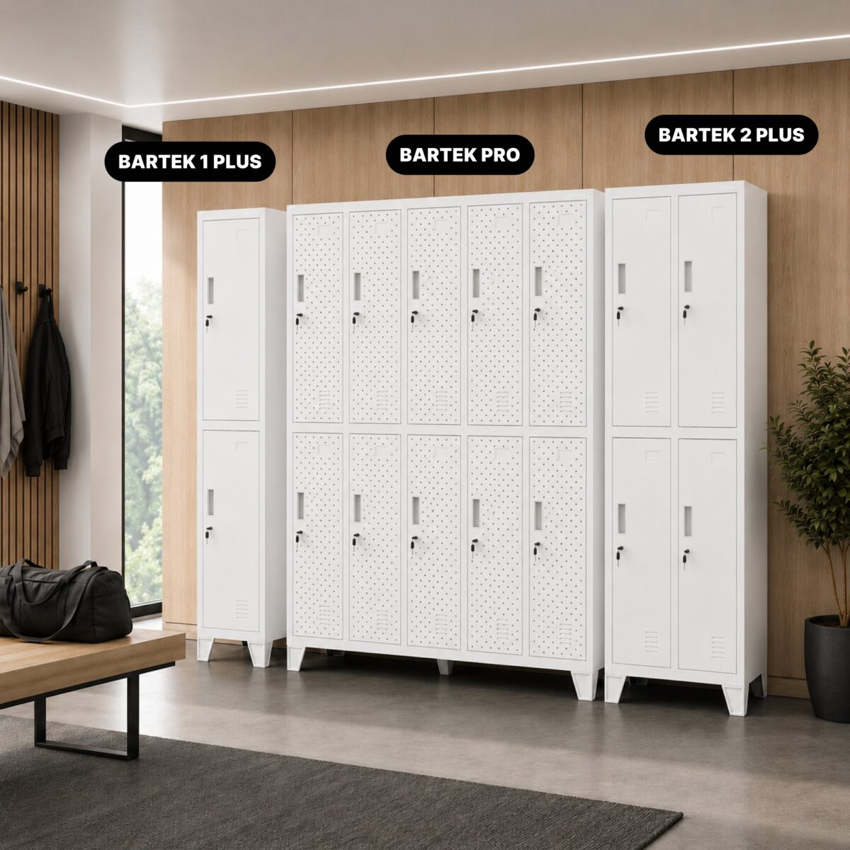 Szafka BHP ubraniowa, skrytkowa, perforowana, 10 skrytek, biała, 1360x1720x450 mm: BARTEK PRO | Meble DUO sku 2411 bartek pro bialy features pl 03