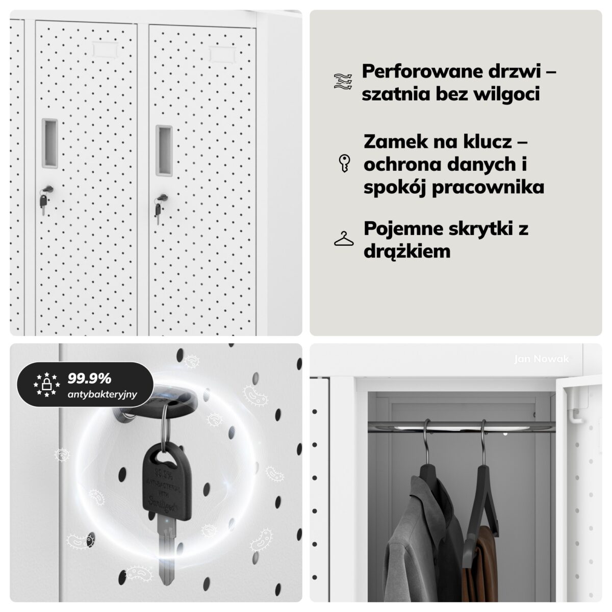 Szafka BHP ubraniowa, skrytkowa, perforowana, 10 skrytek, biała, 1360x1720x450 mm: BARTEK PRO | Meble DUO sku 2411 bartek pro bialy features pl 04