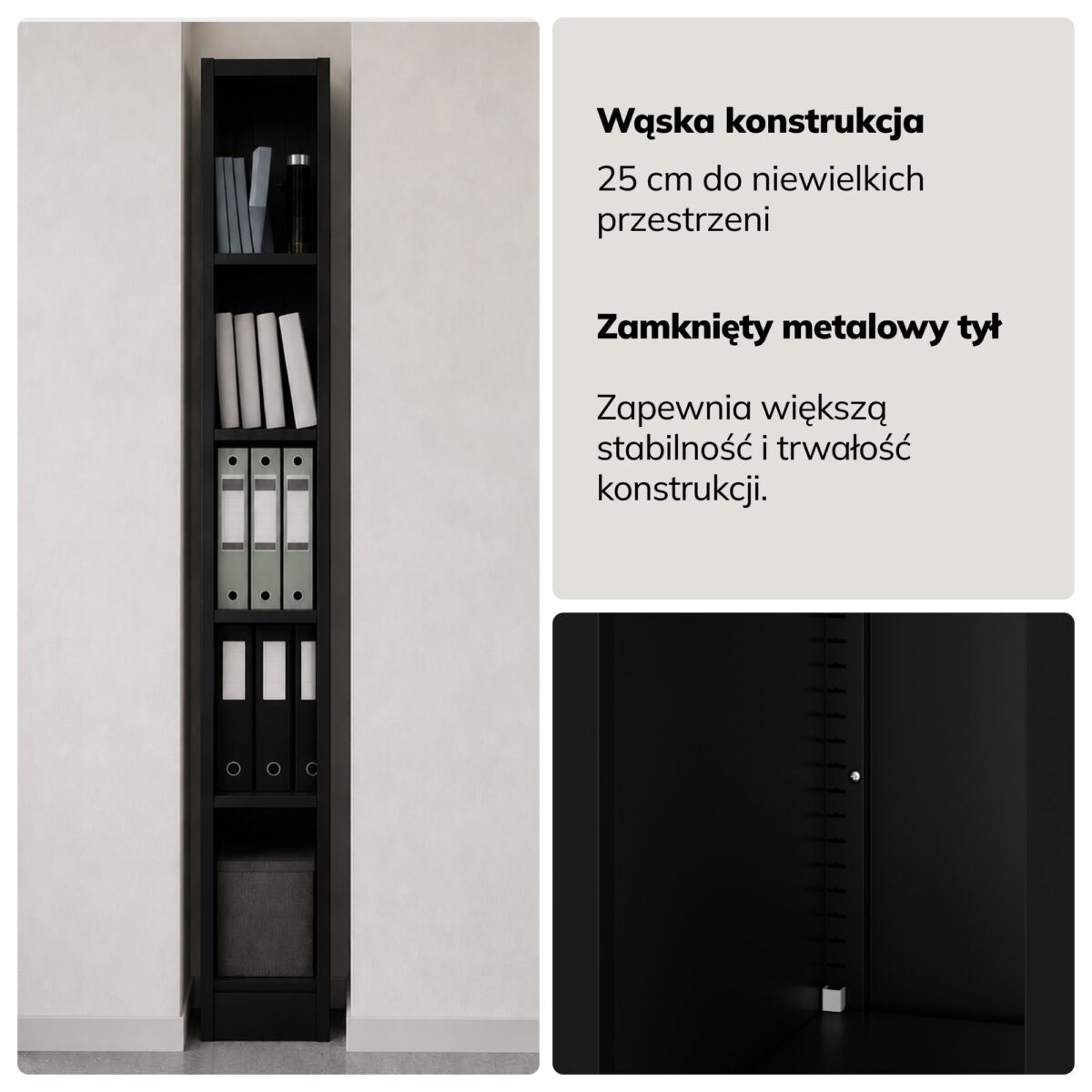 Regał metalowy wąski, archiwizacyjny na dokumenty czarny, 250x1950x400 mm: TIM | Meble DUO sku 2472 tim czarny 195x40cm features pl 04