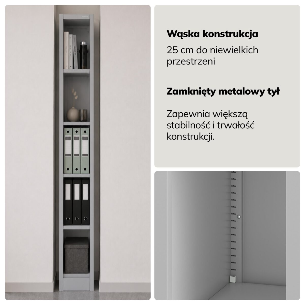 Regał metalowy wąski, archiwizacyjny na dokumenty szary, 250x1950x400 mm: TIM | Meble DUO sku 2474 tim szary 195x40cm features pl 04