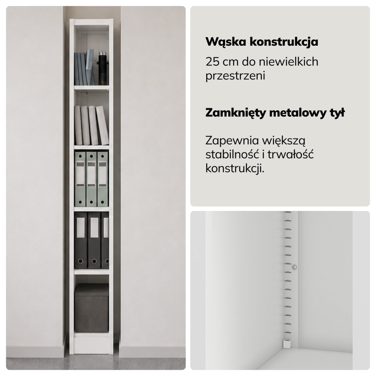 Regał metalowy wąski, archiwizacyjny na dokumenty biały, 250x1850x450 mm: TIM | Meble DUO sku 2475 tim bia y 185x45cm features pl 04