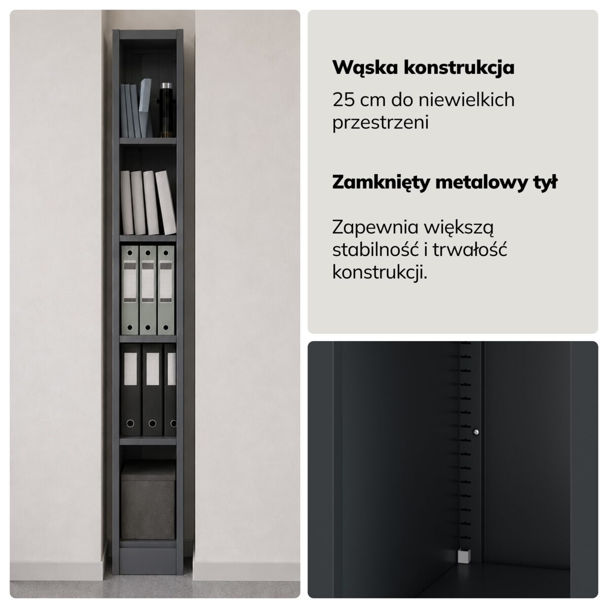 Regał metalowy wąski, archiwizacyjny na dokumenty antracytowy, 250x1850x450 mm: TIM | Meble DUO sku 2477 tim antracyt 185x45cm features pl 04