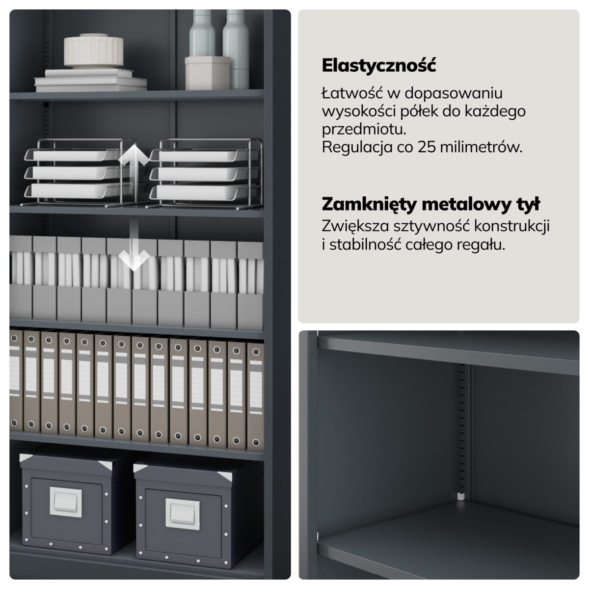 Regał biurowy metalowy, skręcany, zabudowany tył, antracytowy, 900x1850x450 mm: RUFUS | Meble DUO sku 2501 rufus antracytowy 185x45cm features pl 04