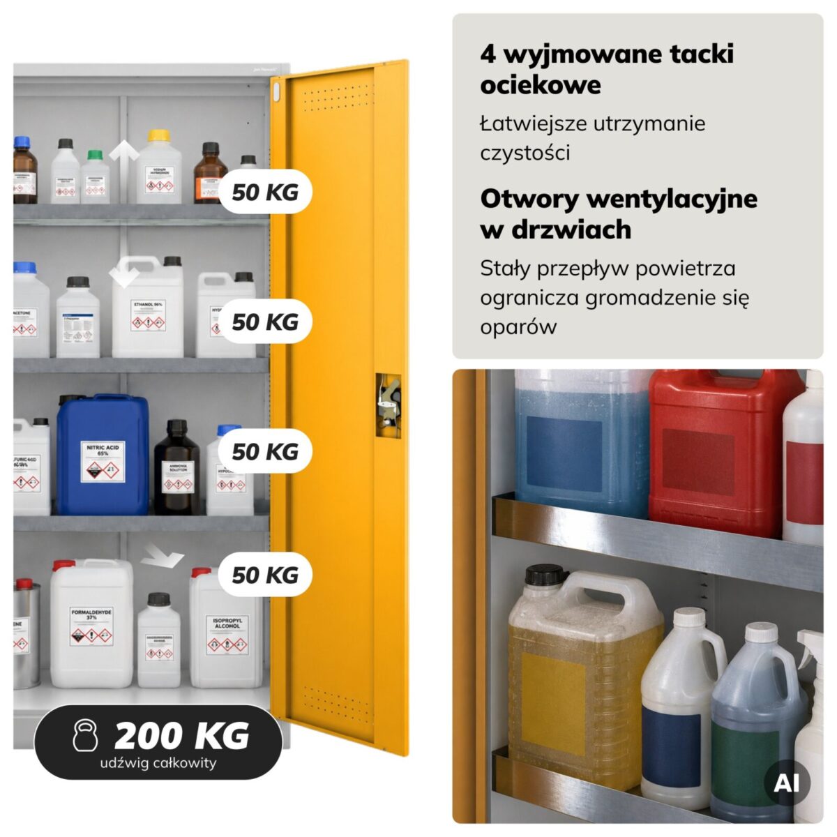 Szafa na chemikalia z wentylacją i tacami ociekowymi szaro-żółta, 900x1850x400 mm: MARIA | Meble DUO szafa chemiczna jan nowak maria szarozolty pl 04 sku1807 features