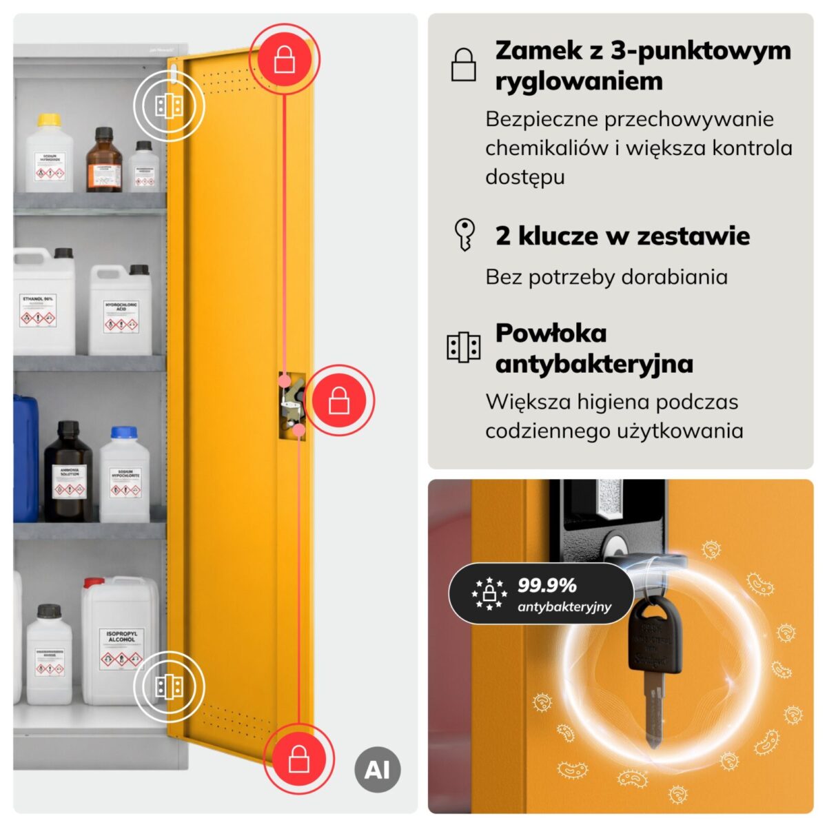 Szafa na chemikalia z wentylacją i tacami ociekowymi szaro-żółta, 900x1850x400 mm: MARIA | Meble DUO szafa chemiczna jan nowak maria szarozolty pl 05 sku1807 features