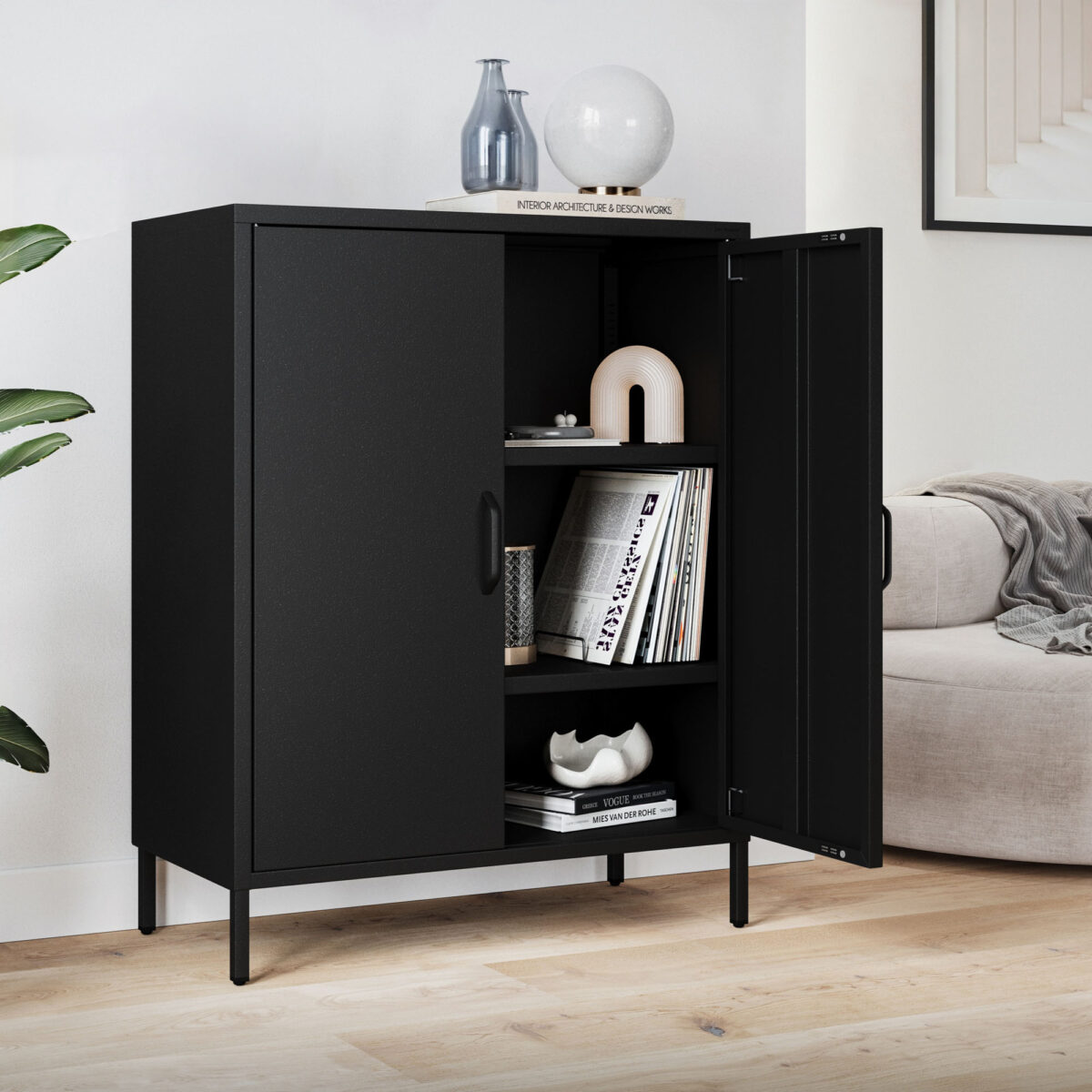 Szafka metalowa niska na nóżkach z półkami czarna, 800x1015x400 mm: VITO Modern | Meble DUO vito black wiz 2 1