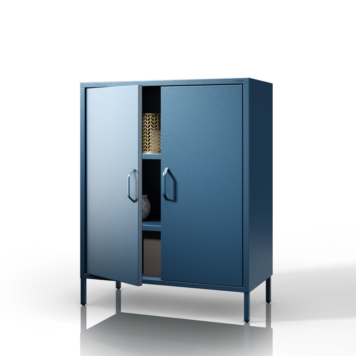 Szafka metalowa niska na nóżkach z półkami granatowa, 800x1015x400 mm: VITO Modern | Meble DUO vito navy blue side open new version reflection