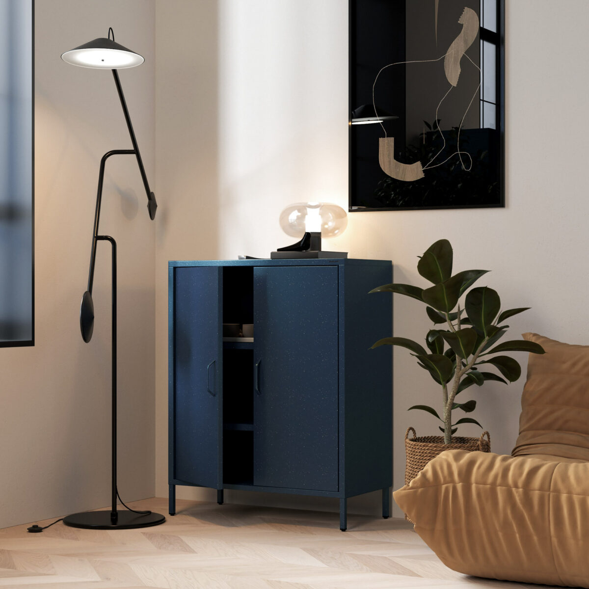 Szafka metalowa niska na nóżkach z półkami granatowa, 800x1015x400 mm: VITO Modern | Meble DUO vito navy blue wiz 3
