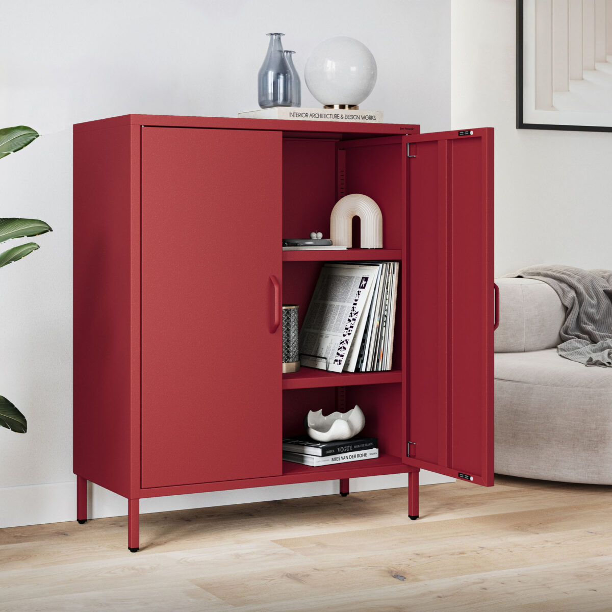 Szafka metalowa niska na nóżkach z półkami czerwona, 800x1015x400 mm: VITO Modern | Meble DUO vito red wiz 5