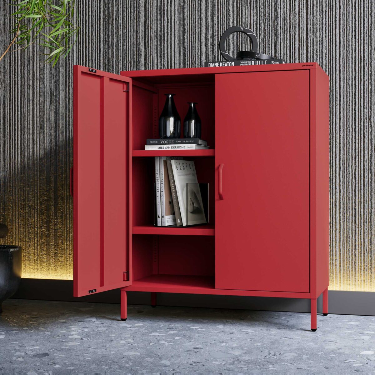 Szafka metalowa niska na nóżkach z półkami czerwona, 800x1015x400 mm: VITO Modern | Meble DUO vito red wiz 8