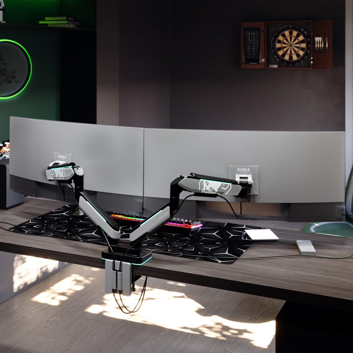 Uchwyt regulowany na dwa monitory 35 cali RGB, szaro-czarny: Diablo X-Arm Dual | Meble DUO x arm dual szaro czarny wiz 2