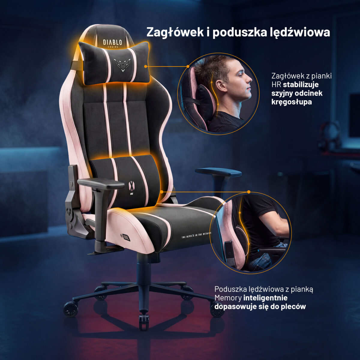 Fotel gamingowy materiałowy Normal Size, czarno-różowy: Diablo X-One 2.0 Akira Pink | Meble DUO x one akira pink normal ficzers 05 pl