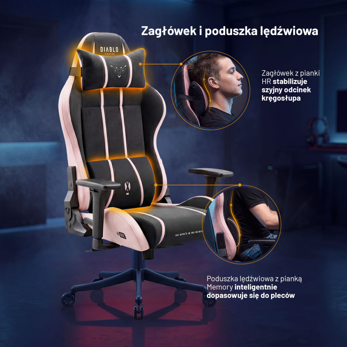 Fotel gamingowy materiałowy Small Size, czarno-różowy: Diablo X-One 2.0 Akira Pink | Meble DUO x one akira pink small ficzers 05 pl