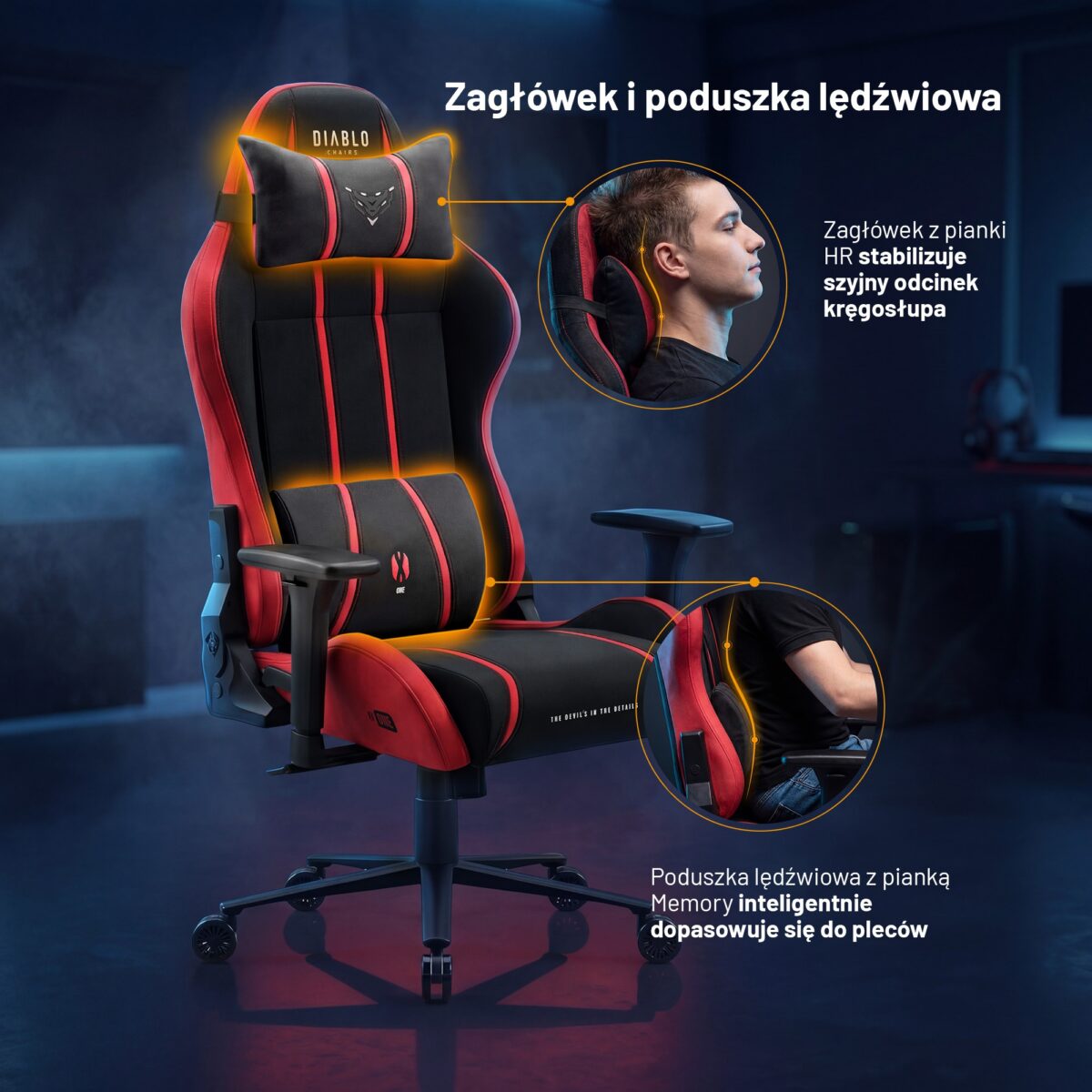 Fotel gamingowy materiałowy King Size, czarno-czerwony: Diablo X-One 2.0 Bloody Mary | Meble DUO x one blood mary king ficzers 05