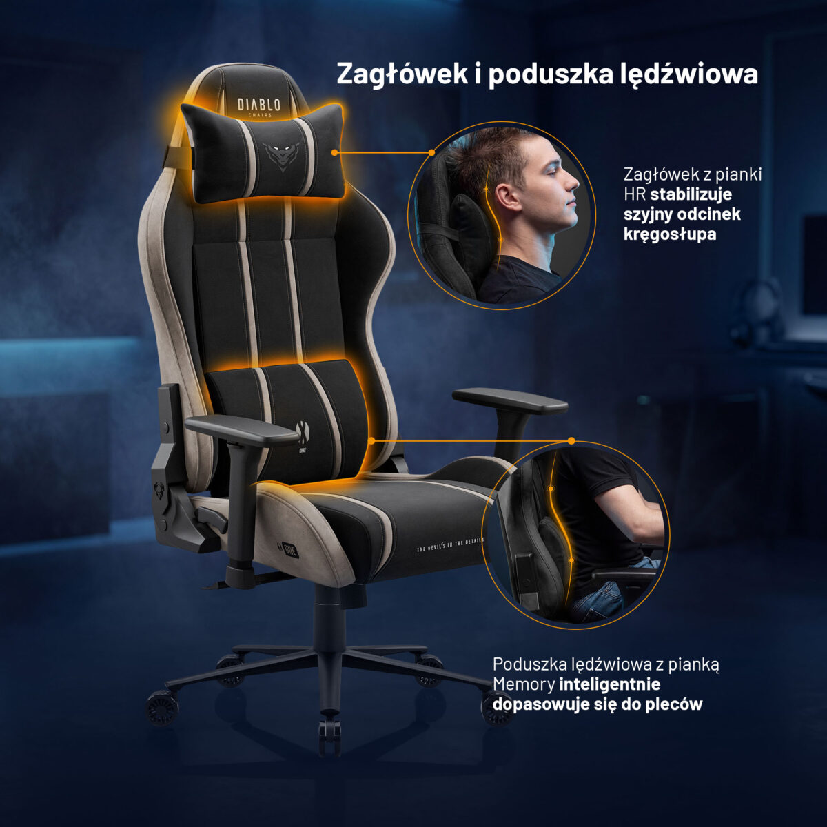 Fotel gamingowy materiałowy Normal Size, czarno-beżowy: Diablo X-One 2.0 Camel Black | Meble DUO x one camel black normal ficzers 05 pl