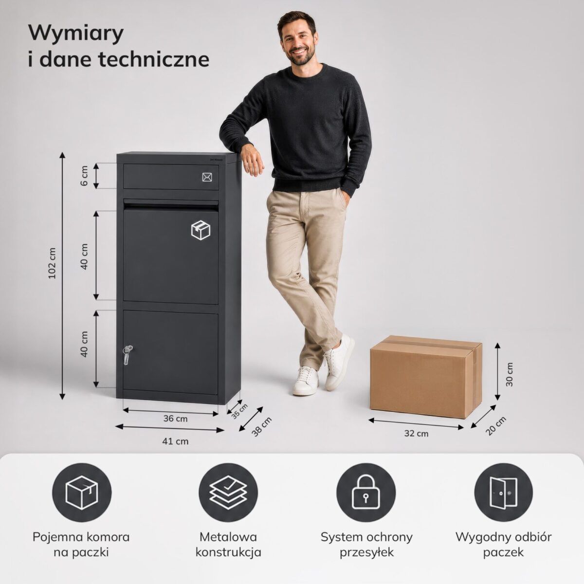 Skrzynka na paczki kurierskie i listy metalowa, zewnętrzna, zamykana, antracytowa: Paczkobox PAT | Meble DUO 1713 pat antracyt 05