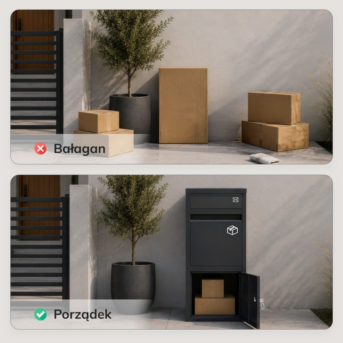 Skrzynka na paczki kurierskie i listy metalowa, zewnętrzna, zamykana, antracytowa: Paczkobox PAT | Meble DUO 1713 pat antracytowy feature pl 01