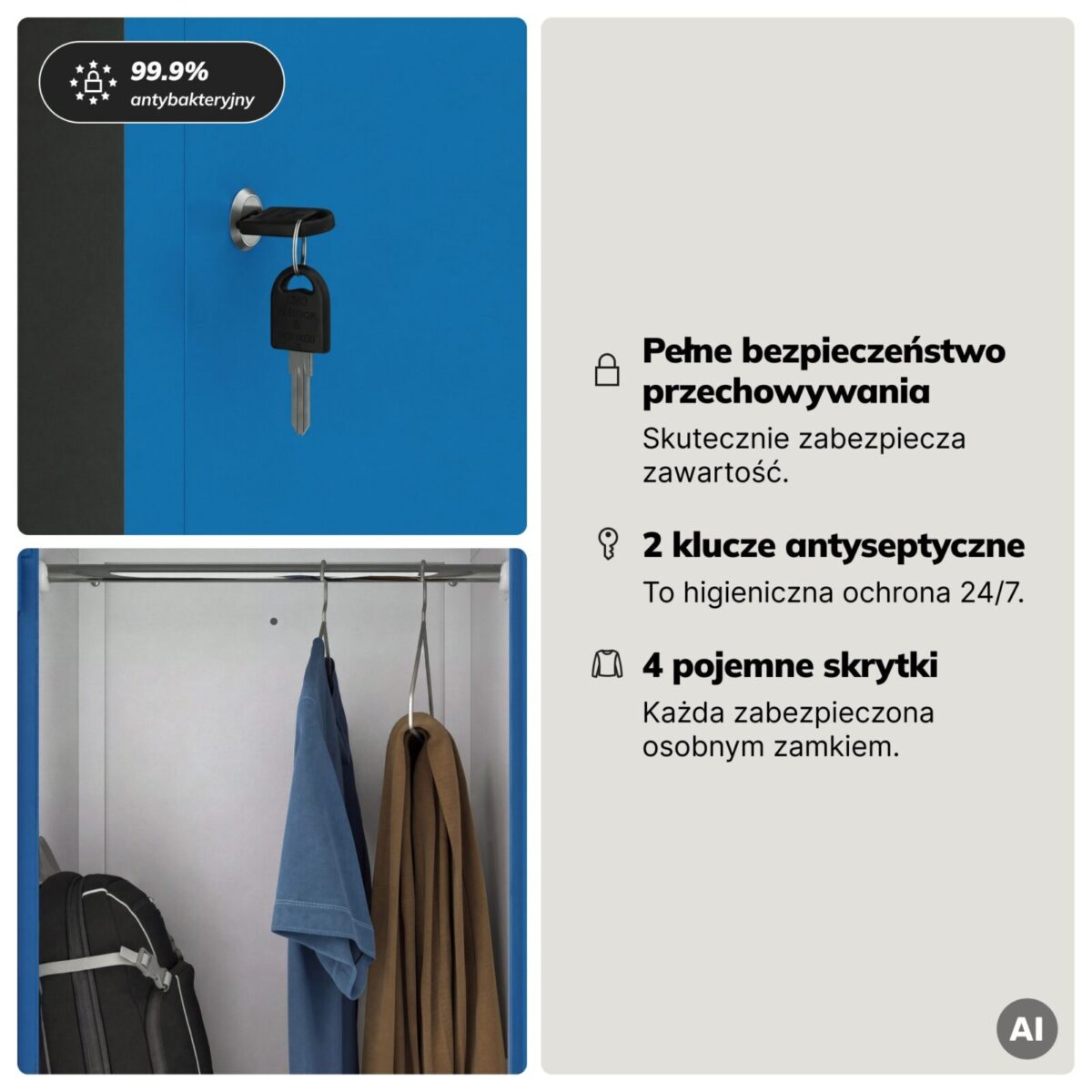 Szafa socjalna ubraniowa typu L, czterokomorowa, szaro-niebieska, 800x1850x450 mm: JULIA | Meble DUO 2220 julia szary niebieski feature pl 04