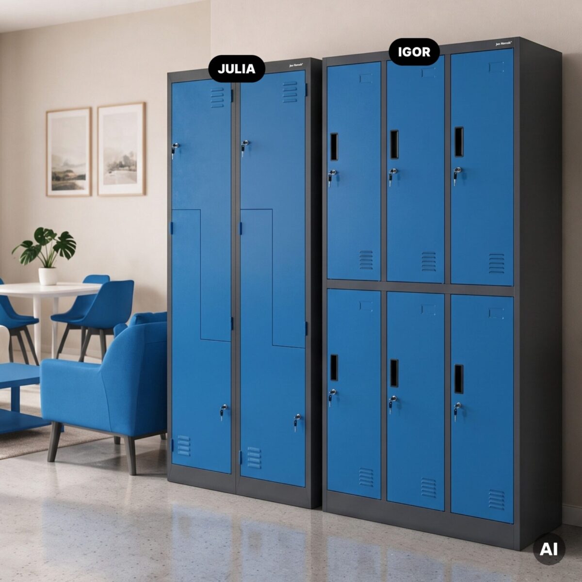 Szafa socjalna ubraniowa typu L, czterokomorowa, antracytowo-niebieska, 800x1850x450 mm: JULIA | Meble DUO 2221 julia antracytowy niebieski feature cz 03