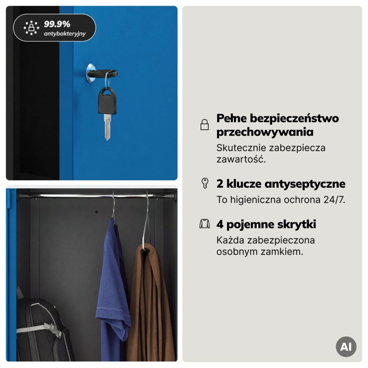 Szafa socjalna ubraniowa typu L, czterokomorowa, antracytowo-niebieska, 800x1850x450 mm: JULIA | Meble DUO 2221 julia antracytowy niebieski feature pl 04