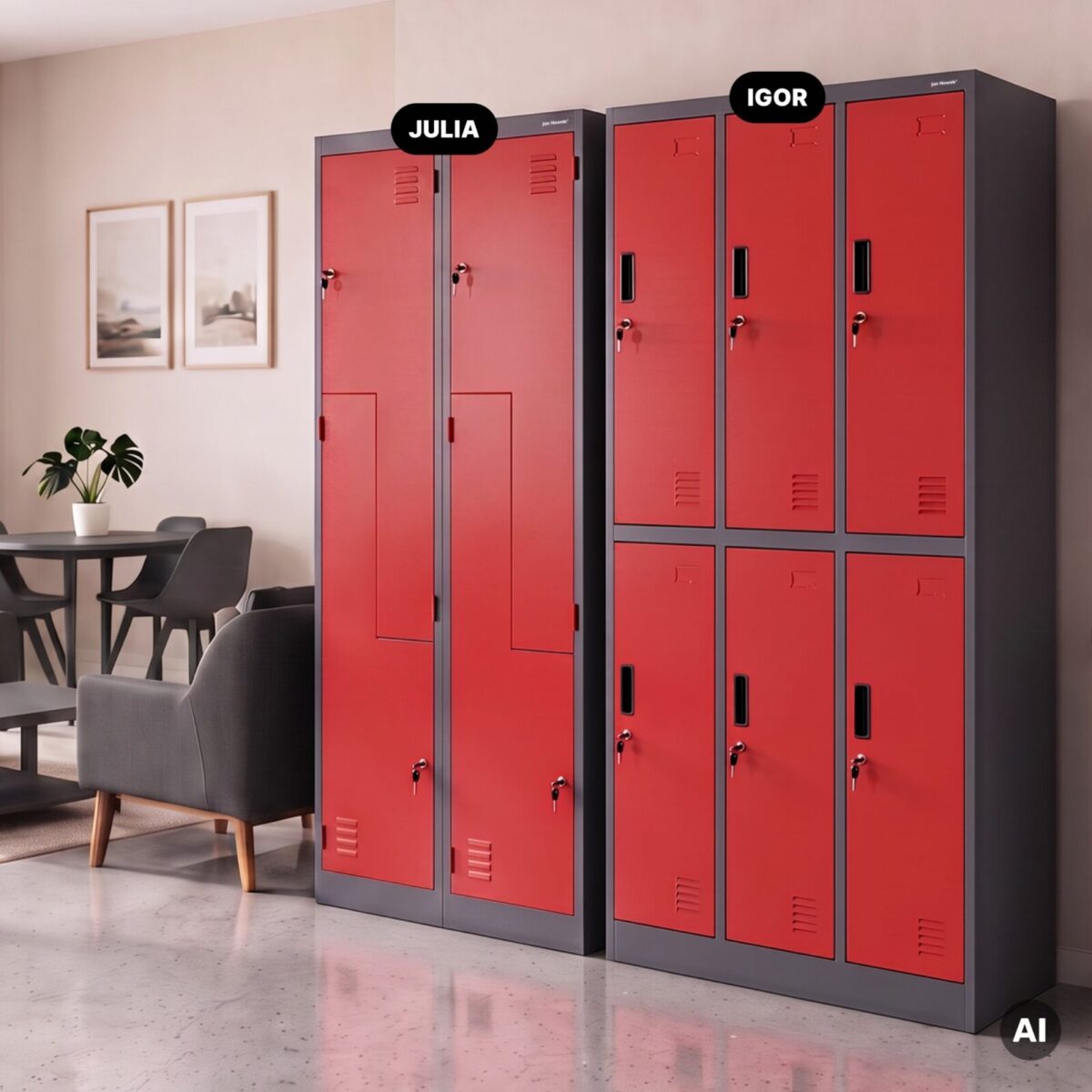 Szafa socjalna ubraniowa typu L, czterokomorowa, antracytowo-czerwona, 800x1850x450 mm: JULIA | Meble DUO 2222 julia antracytowy czerwony feature cz 03