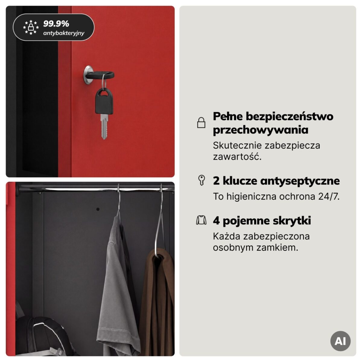 Szafa socjalna ubraniowa typu L, czterokomorowa, antracytowo-czerwona, 800x1850x450 mm: JULIA | Meble DUO 2222 julia antracytowy czerwony feature pl 04
