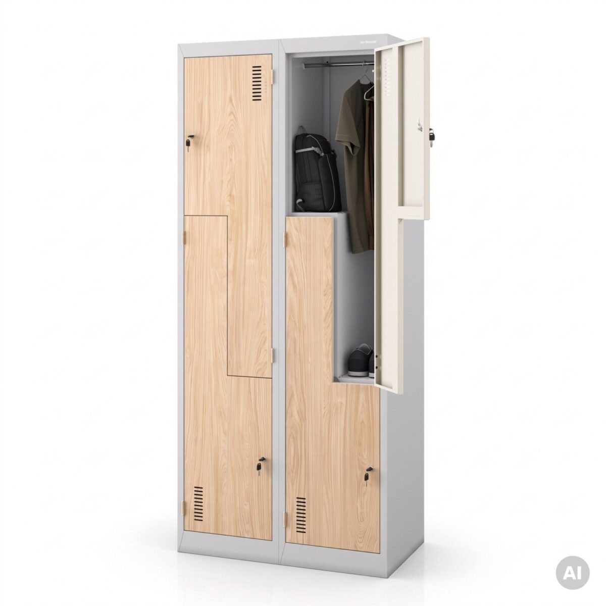 Szafa socjalna ubraniowa typu L, czterokomorowa, szara/dąb sonoma, 800x1850x450 mm: JULIA Eco Design | Meble DUO 2258 julia szary dab sonoma feature pl 01
