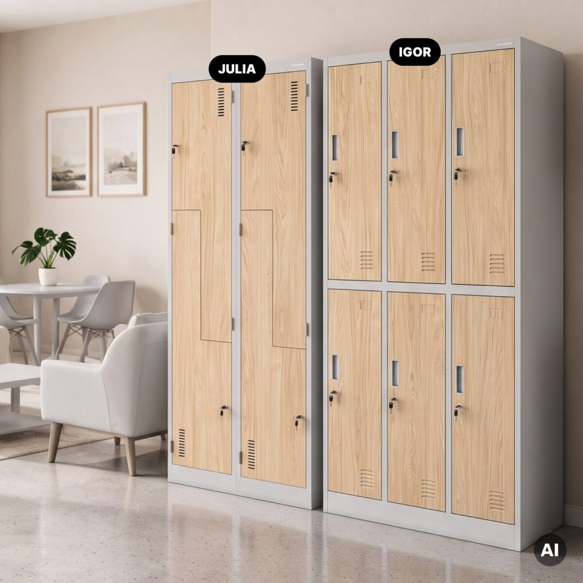 Szafa socjalna ubraniowa typu L, czterokomorowa, szara/dąb sonoma, 800x1850x450 mm: JULIA Eco Design | Meble DUO 2258 julia szary dab sonoma feature pl 03 1 1