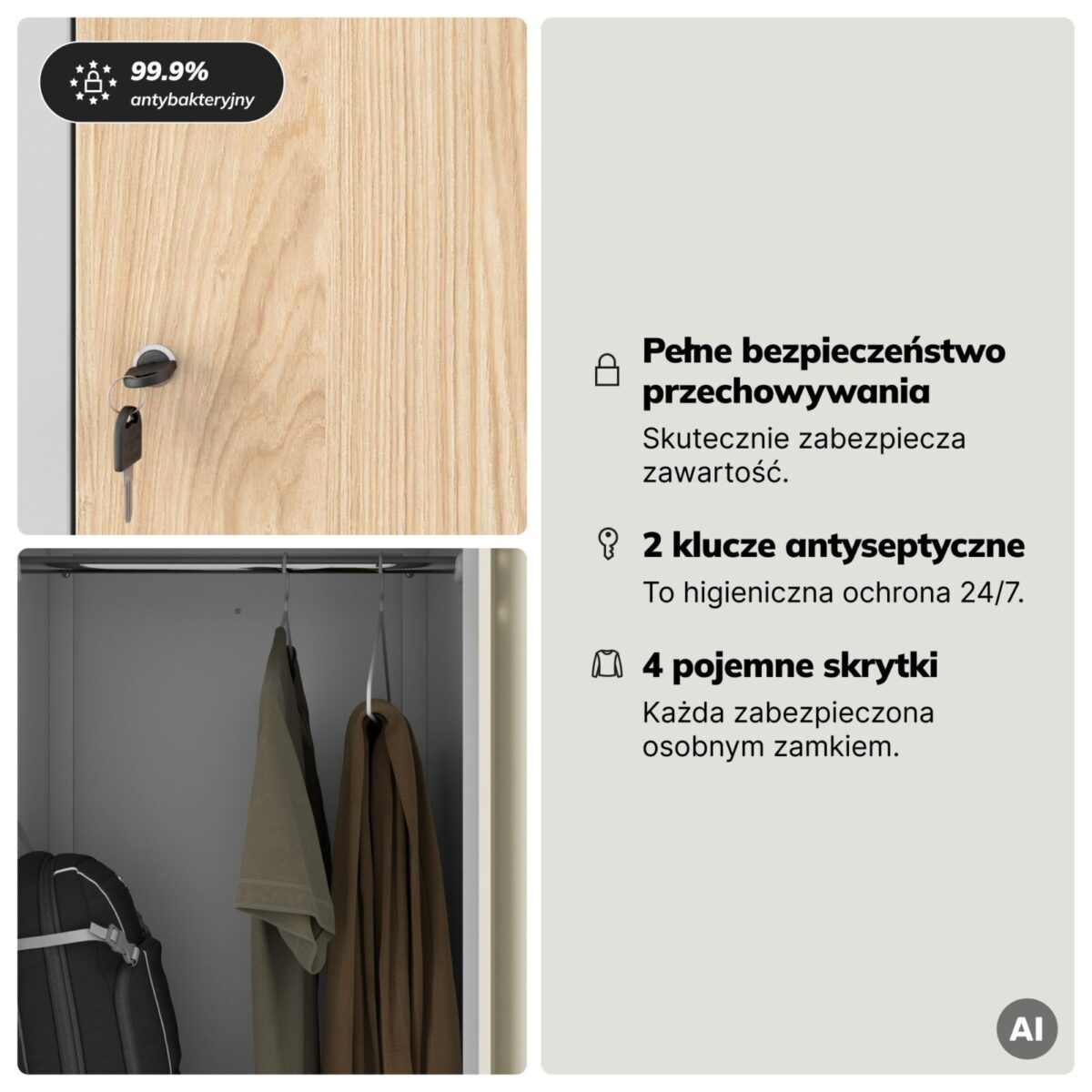 Szafa socjalna ubraniowa typu L, czterokomorowa, szara/dąb sonoma, 800x1850x450 mm: JULIA Eco Design | Meble DUO 2258 julia szary dab sonoma feature pl 04 1 1